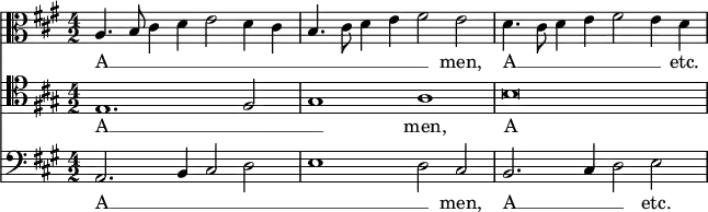 { \time 4/2 \key a \major << \clef alto \relative a { a4. b8 cis4 d e2 d4 cis | b4. cis8 d4 e fis2 e | d4. cis8 d4 e fis2 e4 d | } \addlyrics { A __ _ _ _ _ _ _ _ _ _ _ _ men, A __ _ _ _ _ _ etc. }
\new Staff { \clef tenor \key a \major \relative e {e1. fis2 | gis1 a | b\breve } } \addlyrics { A __ _ _ men, A - - etc. }
\new Staff { \clef bass \key a \major \relative a, { a2. b4 cis2 d | e1 d2 cis | b2. cis4 d2 e } } \addlyrics { A __ _ _ _ _ _ men, A __ _ _ etc. } >> }