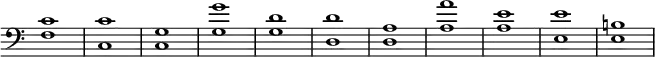 { \override Score.TimeSignature #'stencil = ##f \clef bass
<f c'>1 <c c'> <c g> <g g'> <g d'> <d d'> <d a> <a a'> <a e'> <e e'> <e b!> }