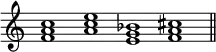 { \override Score.TimeSignature #'stencil = ##f \time 4/1
 <f' a' c''>1 <a' c'' e''> <e' g' bes'> <f' a' cis''> \bar "||" }