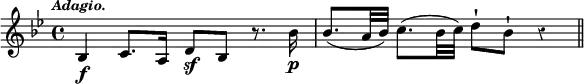 { \time 4/4 \key bes \major \override Score.Rest #'style = #'classical \tempo \markup { \smaller \italic Adagio. } \relative b { bes4\f c8. a16 d8\sf bes r8. bes'16\p | bes8.( a32 bes) c8.( bes32 c) d8-! bes-! r4 \bar "||" } }