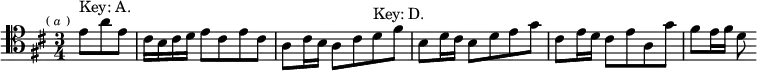 
\relative e' { \clef tenor \key d \major \time 3/4 \partial 4. \override Score.BarNumber #'break-visibility = #'#(#f #f #f) \mark \markup \tiny { ( \italic a ) } e8^"Key: A." a e | cis16 b cis d e8 cis e cis | a cis16 b a8 cis d^"Key: D." fis | b, d16 cis b8 d e g | cis,8 e16 d cis8 e a, g' | fis e16 fis d8 }