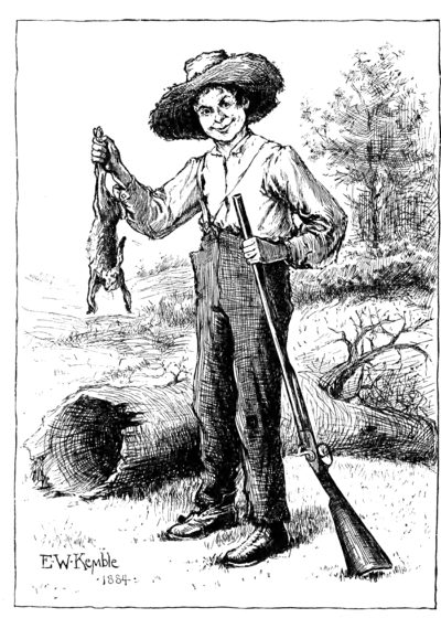 Huckleberry Finn holding a shotgun and dead rabbit