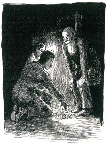 two men and a boy looking at a pile of gold coins in a dark room