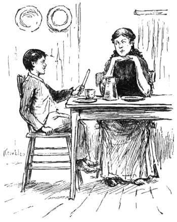 boy and woman talking across supper table