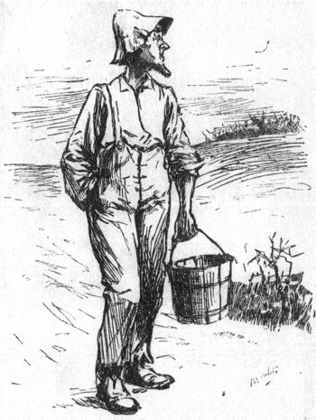 man walking, carrying a water bucket