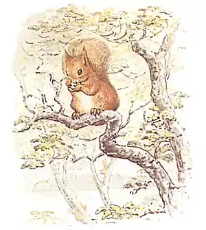 A drawing of a squirrel sitting on a tree branch holding a nut.