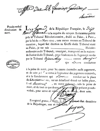 Copy of the death warrant of Lavoisier