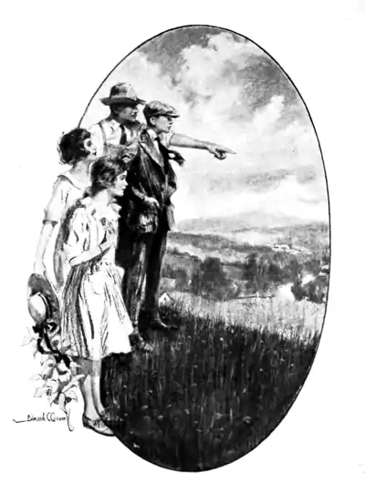 A drawing of a family standing on a hill with the father pointing off the frame