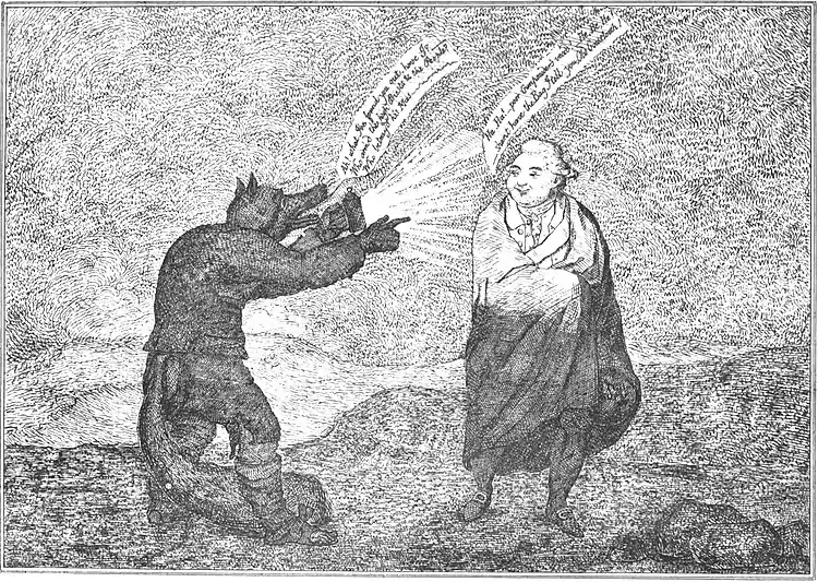 Fox: "Ah! what I've found you out, have I? Who arm'd the high Priests & the People? Who betray'd his Mas—" Shelburne: "Ha! Ha! - poor Gunpowder's vexed! - He, He, He! - Shan't have the Bag I tell you, Old Goosetooth!"