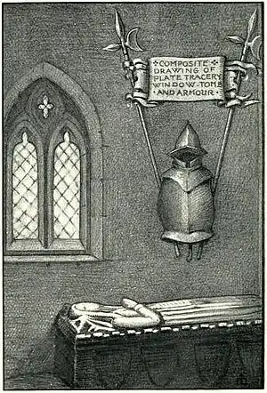 Composite Drawing of plate tracery window, tomb and armour