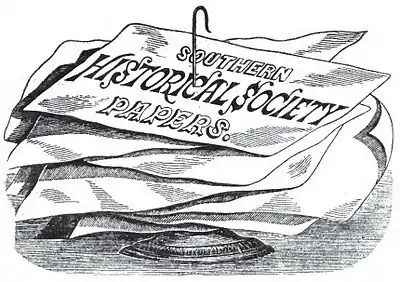 Illustration of papers on a letter spike, the topmost bearing the text "Southern Historical Society Papers"