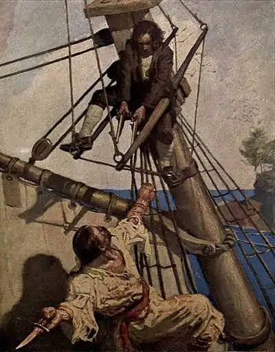 In the rigging of a ship, a man in the top of the image, braced against the mast, points two pistols at a man in the bottom of the image wielding a knife.