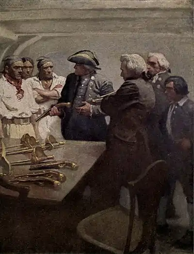 Sailors and men in suits gather around a naval officer, with a collection of pistols and swords lying on a table in the foreground.