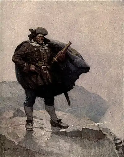 Man standing on a cliff with a telescope held in his left hand and his cape blowing in the wind.