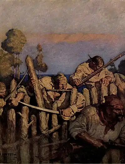 Pirates, armed with rifles, knives and swords, climb over a palisade of logs.