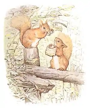 "Squirrels collecting nuts and placing them in a little sack."