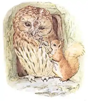 "Squirrel Nutkin tickling Old Brown Owl with a nettle"