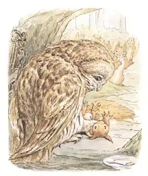 "Old Brown Owl after catching squirrel Nutkin"