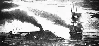 The ironclad Merrimac, renamed CSS Virginia (Confederate navy) changes history when she easily destroys the two U.S. blockading men-of-war ships, Congress and Cumberland