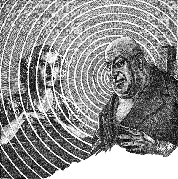 A bald man sits in a chair, with a blonde woman staring into space on the other side of a desk. Concentric circles emanate from the bald man's head.