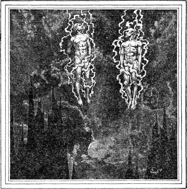 Black and white illustration of two naked men, floating in the clouds above jagged peaks, each wrapped in an aura of lighting-like energy streams.