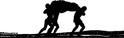 Silhouette of three men carrying a heavy bundle