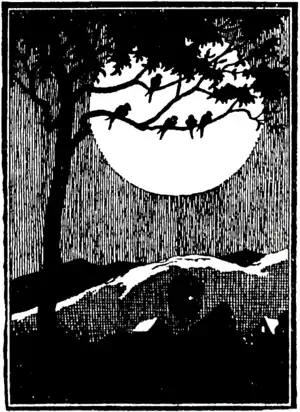 Black and white drawing; a tree with birds sitting on its branches is silhouetted against a full moon, with distant hills rolling at the base of the image.