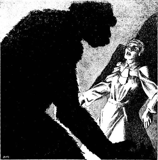 The silhouette of an ape looms overa frightened woman.