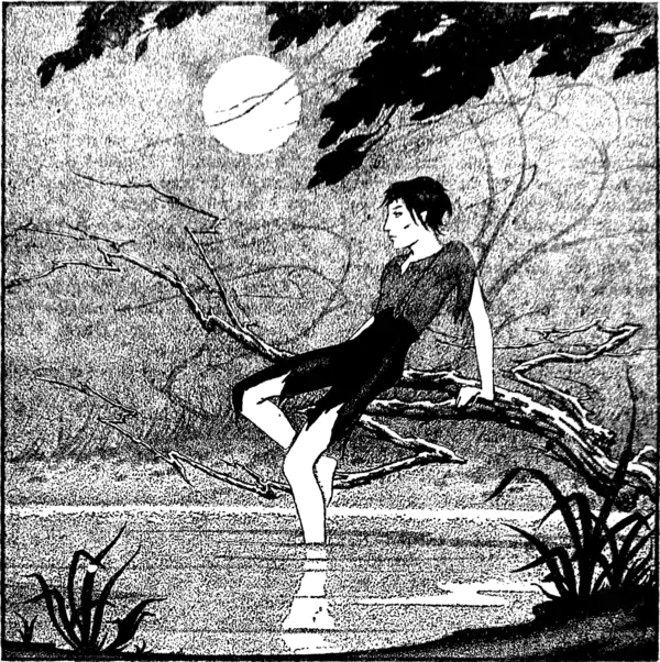 A boy in torn clothes, sitting on a branch, dangles one foot in a lake; all under a full moon.