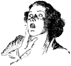 Monochrome drawing of a shocked woman looking off to right with her right hand against her face.