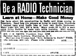 Advert for a Radio Technician course from the National Radio Institute.