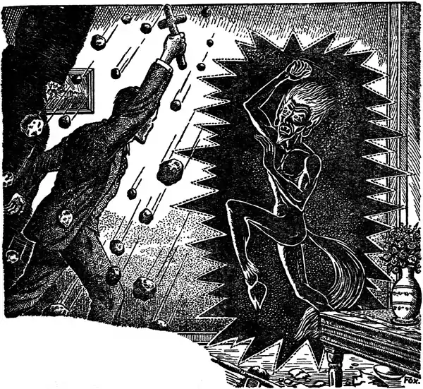 Drawing of a priest, holding a up a cross, confronting a recoiling poltergeist, shown in a jagged photo-negative-like aura.