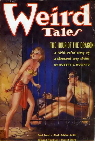 Cover of Weird Tales magazine, December 1935 - Conan behind bars in a dungeon as Zenobia passes him a key