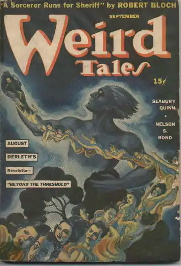 Front cover of Weird Tales volume 36 number 1, dated September 1941, featuring a ginat blue figure with stars for eyes holding a chain of people.