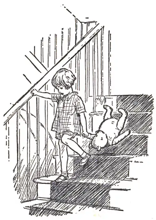 Christopher Robin walking downstairs, dragging Winnie-the-Pooh