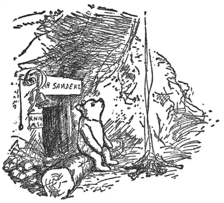 alt=Winnie-the-Pooh seated on a log in front of a small fire