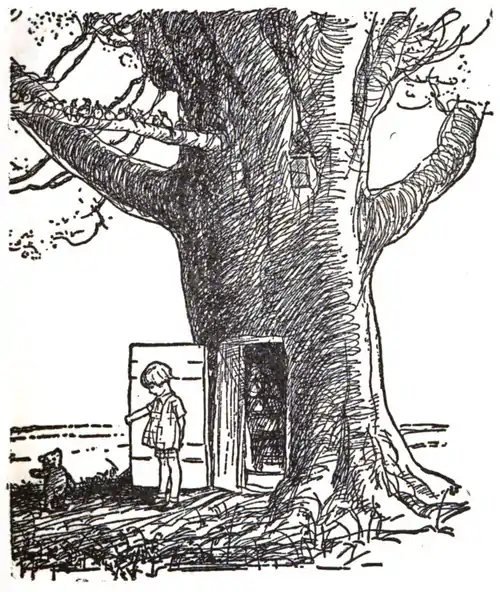 Christopher Robin steppingo out of a tree that has a door on it, with Winnie-the-Pooh standing in front of him gesturing