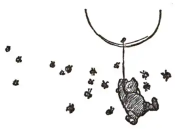 Winnie-the-Pooh held aloft by a balloon while bees swarm him