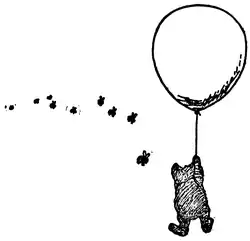 Bees flying toward a large balloon holding Winnie-the-Pooh aloft