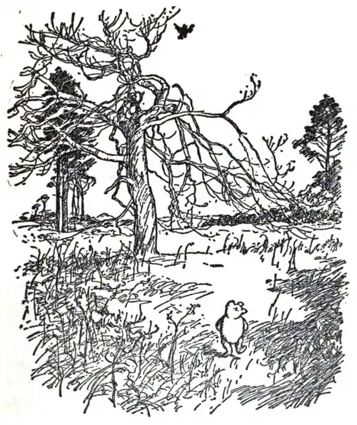 Winnie-the-Pooh walking under a tree, looking up at a bird