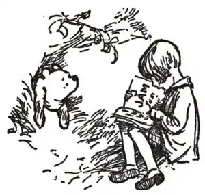 Winnie-the-Pooh stuck in a hole, as Christopher Robin reads a book to him