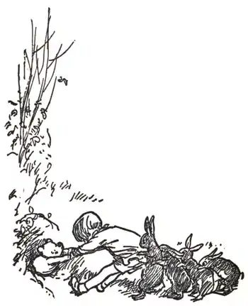 Winnie-the-Pooh being dragged out of a hole by Christopher Robin and several rabbits