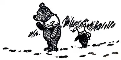 Winnie-the-Pooh standing among tracks with Piglet looking up at him