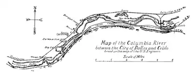 Map of the Columbia River between the City of Dalles and Celilo