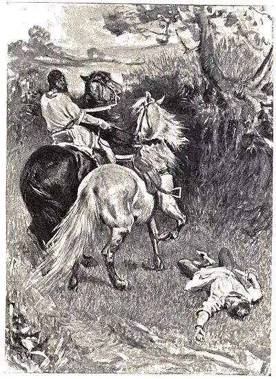 Man fallen off horse, mounted man behind