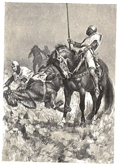 Armed man falling off horse. Mounted man with spear in front