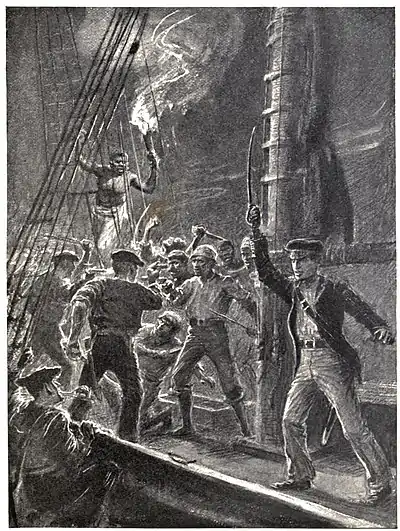 Men fighting on a ship