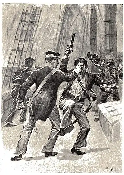 Two men facing each other. One is firing a pistol into the air as a result of the other forcing it upwards.