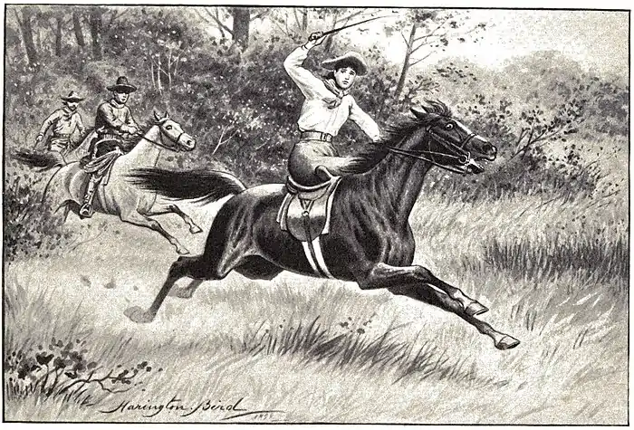 Man whipping horse into action. Other riders in distance