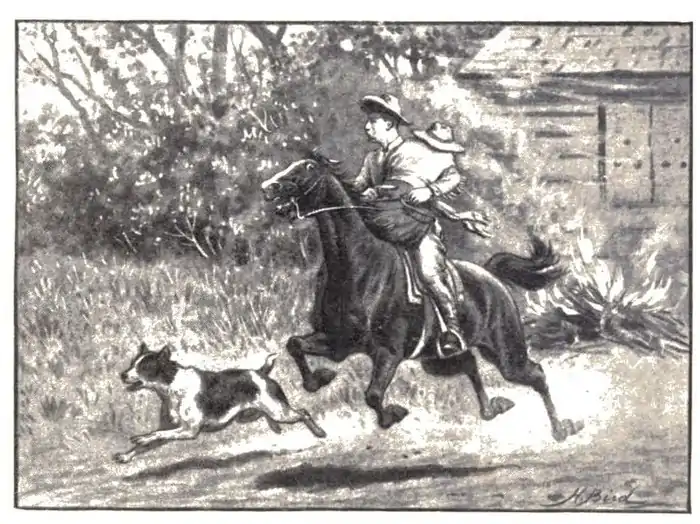 A man of horseback holding a dummy of a girl in front of him rides from a burning building accompanied by a dog.